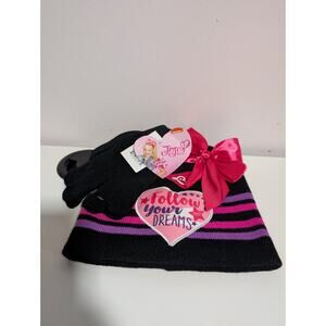 Nickelodeon Jo Jo Siwa NEW Beanie & Gloves Set - Black & Pink Bow Ribbon Accent